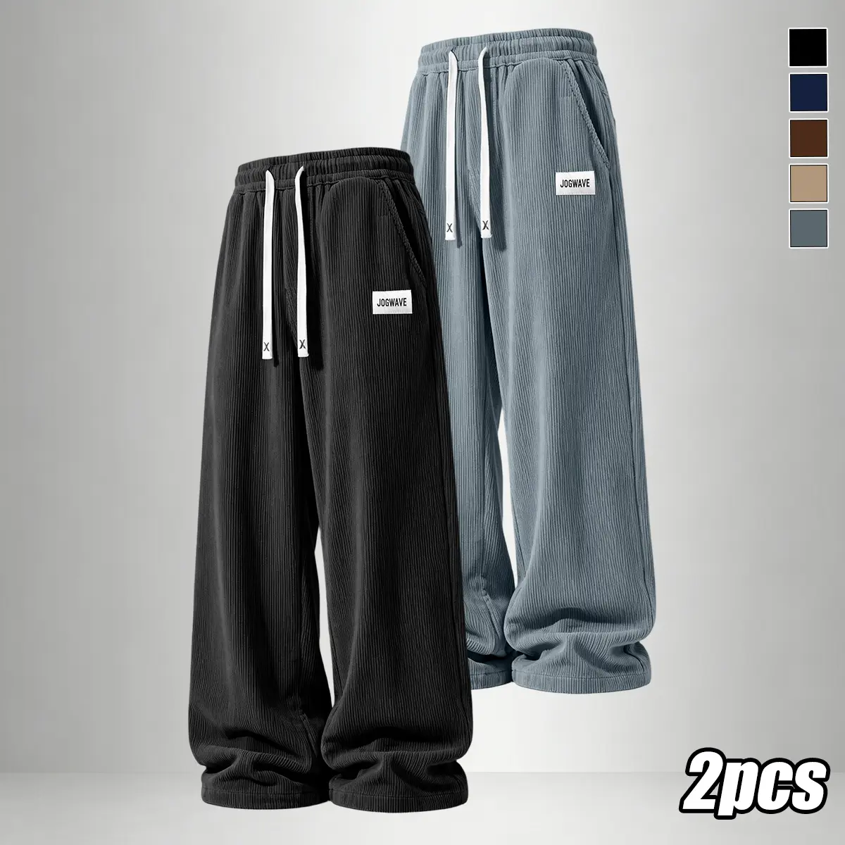 2Pcs Men'S Corduroy Casual Trousers with Drawstring Waist And Pockets, Fashionable Letter Labeling Suitable for Daily Wear Throughout The Four Seasons