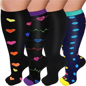 4 Pairs 20-30 mmHg Knee High Compression Socks, Plus Size Extra Wide Calf for Women & Men Enhanced Circulation Relie