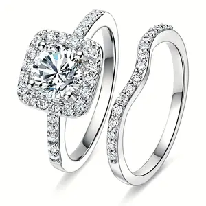 1.5CT Round Cut Rings Sets Two-in-One Halo Wedding Engagement Promise Eternity Ring for Women Mother Day Birthday Gift