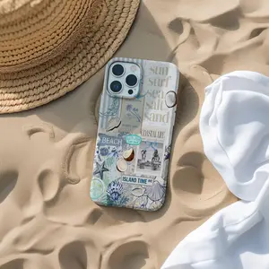Beach Collage Phone Case, Blue Coastal Pattern Design, Cute Preppy Aesthetic Protective Cover, Trendy Summer Gift