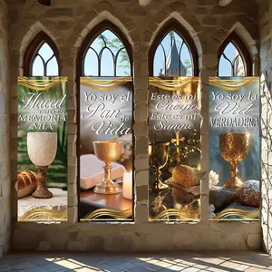 4 Pcs Religious Banners, Polyester Material Eucharist Theme Religious Vertical Banners with Holy Grail Bread Scripture Calligraphy for Church Sunday Service Catholic Communion Celebration Home Prayer Corner Wall Decoration