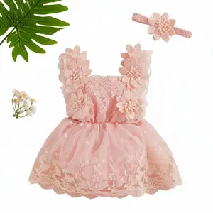 Baby Girl Summer Outfit, Flower Embroidery Tie-Up Mesh Romper Dress Lace Butterfly Fly Sleeve Mesh Skirt Hem Jumpsuits Bodysuits with Headband Bow Headband 2 Piece Set