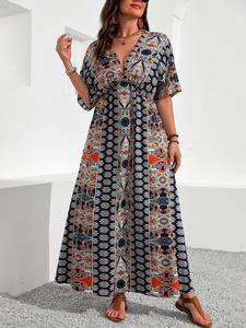 【plus size】 ethnic pattern ruched v neck vintage dress, boho casual floral print half sleeve a line dress for summer, women's clothes for beach holiday vacation, womenswear, plus size dresses, plus size tummy flattering dresses, bohemian