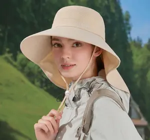 Women's Wide-Brimmed Sun Hat with Shawl Drape — European & American Style Bucket Hat for Spring/Summer Outdoors — Sun Protection Hat with Ponytail Hole