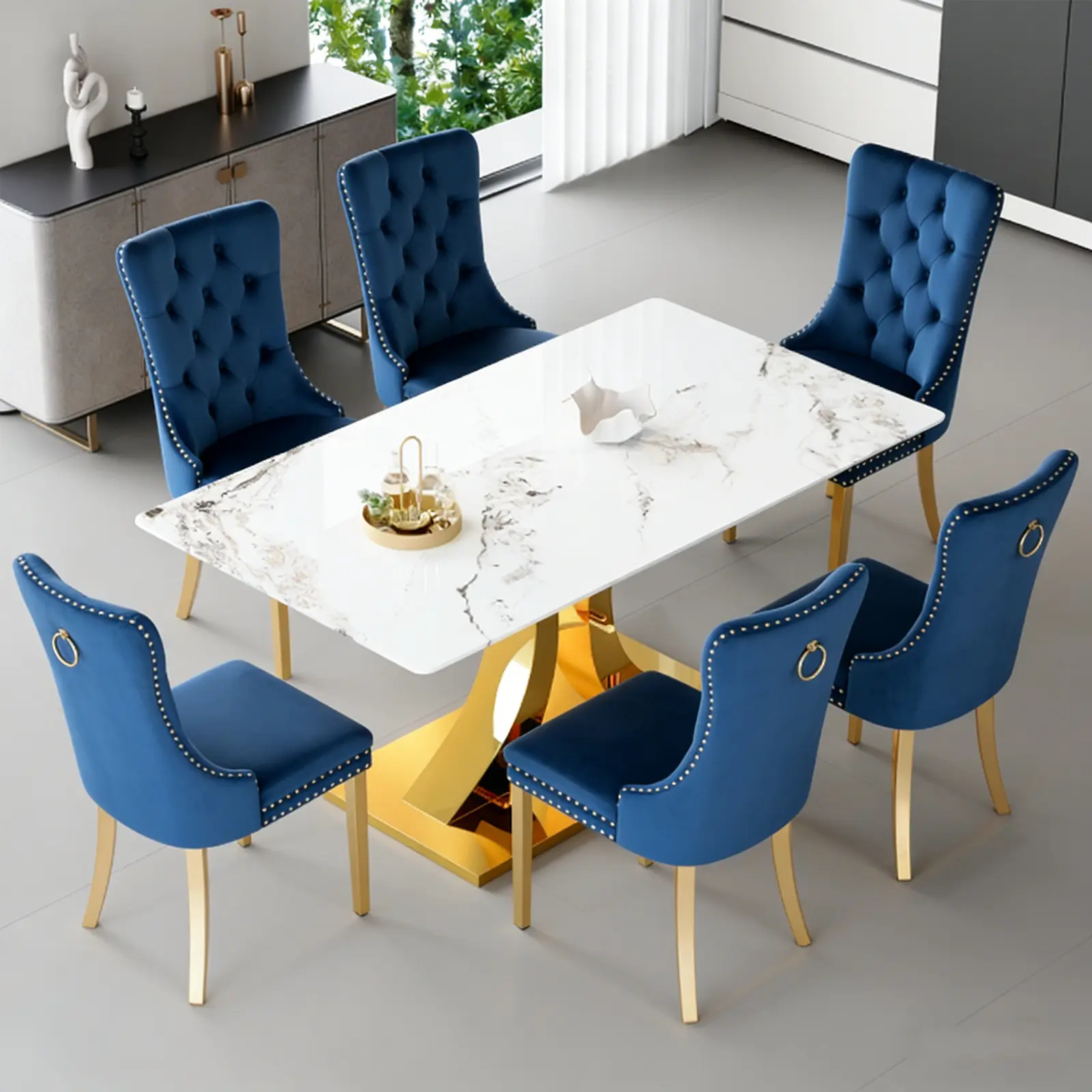 1 Table+6 Blue Golden Metal Legs Chairs
