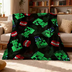 Blocky Pixel Adventure Print Throw Blanket, Video Game Inspired Creeper & TNT Themed Cozy Blanket, Soft Fluffy Lightweight Blanket for All Seasons, Anti-Pilling Washable Decorative Blanket