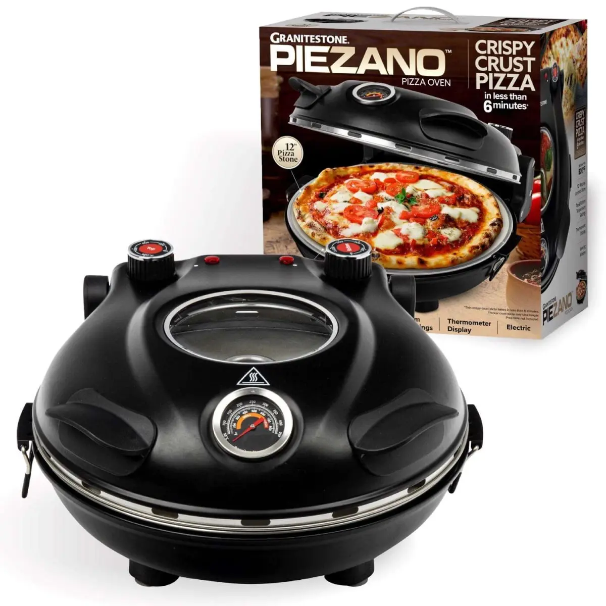 E Mishan & Sons 6074495 Granitestone Piezano Matte Black Countertop Electric Pizza Oven - 12 in Pizza Stone, 120V, Base Suction Cups, Digital Display, Easy Lift Handles