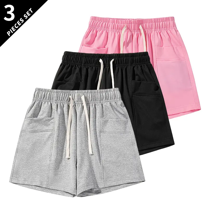 95% polyester 3-pack women’s summer casual athletic shorts, featuring two pockets and a drawstring waist, suitable for running, yoga, and workouts; loose and comfortable