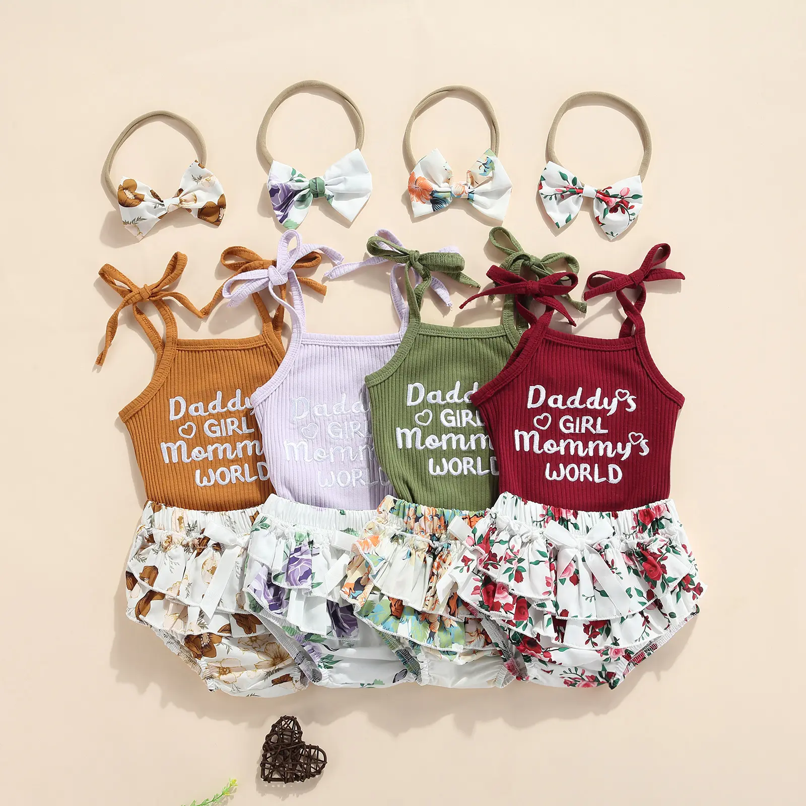 Infant Baby Girls 3Pcs Summer Outfits Set Daddy's Girl Mommy's Wold Sleeveless Strap Rib Knit Romper Tops Bloomer Shorts Headband Clothes Set