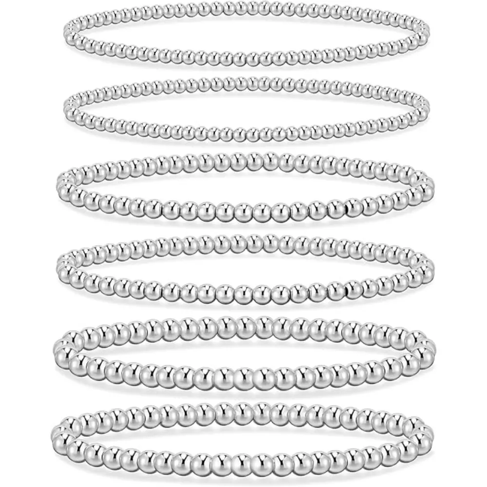 6PCS Silver Bracelets for Women, 18K Gold Plated Beaded Bracelets Sliver Strand Bead Ball Bracelet Stack Set Adjustable Bracelet Set Jewelry for Gifts