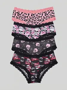 Morvia 4-Piece Gothic Full Print Women's Panties Set, Soft Lace Underwear, Lacy Panties, Breathable Daily Wear, All-Seasons Casual Fit