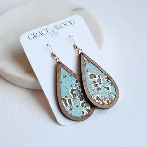Turquoise Distressed Wood + Leather Teardrop
