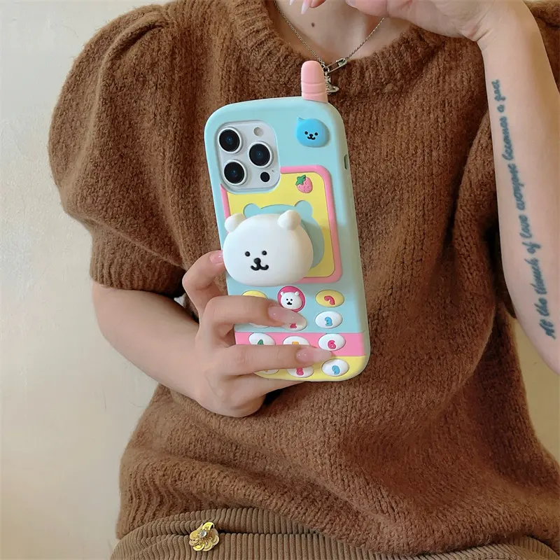 Silicone mobile phone self deprecating bear holder protective phone case Cover for iPhone 12 13 14 15 16 pro max, Smartphone Protective Casing