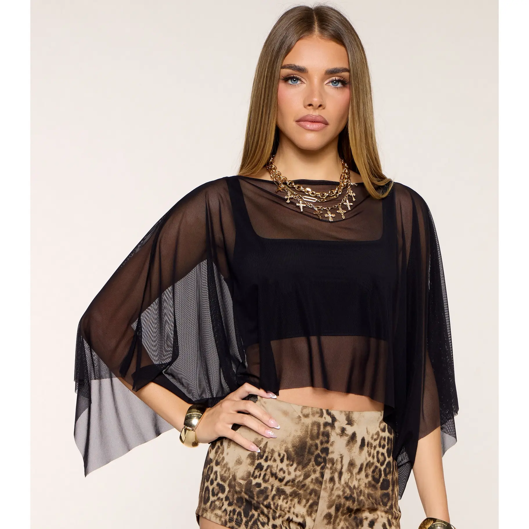 Layered Right Mesh Poncho Top Layered Right Mesh Poncho Top