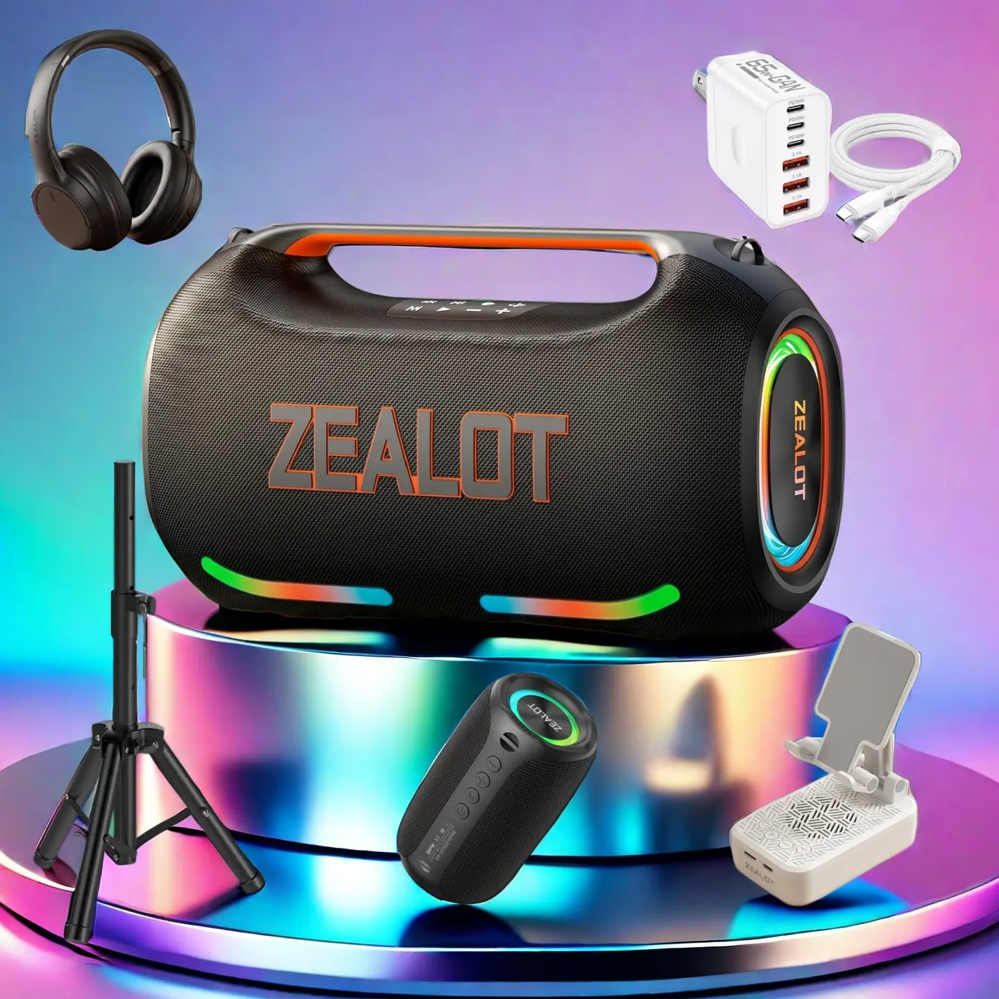 ZEALOT ZE41 Ultimate Audio Bundle – Bluetooth Speaker, Z7 Phone Stand Speaker, M2 Speaker, B39 Wireless Headphones, 65W Charger & Speaker Stand