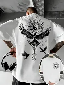Men's Regular Round Neck T-Shirt, Phoenix Tai Chi Print, Oriental Mystical Street Style, Soft Cotton Fabric, Casual Daily Wear, Streetwear