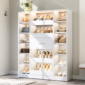 40" W Closet System with LED Lights, Wooden Walik-in Closet Organizer Wardrobe Cabinet with 5 Drawers & 12 Shelves,Freestanding Versatile Closet Tower