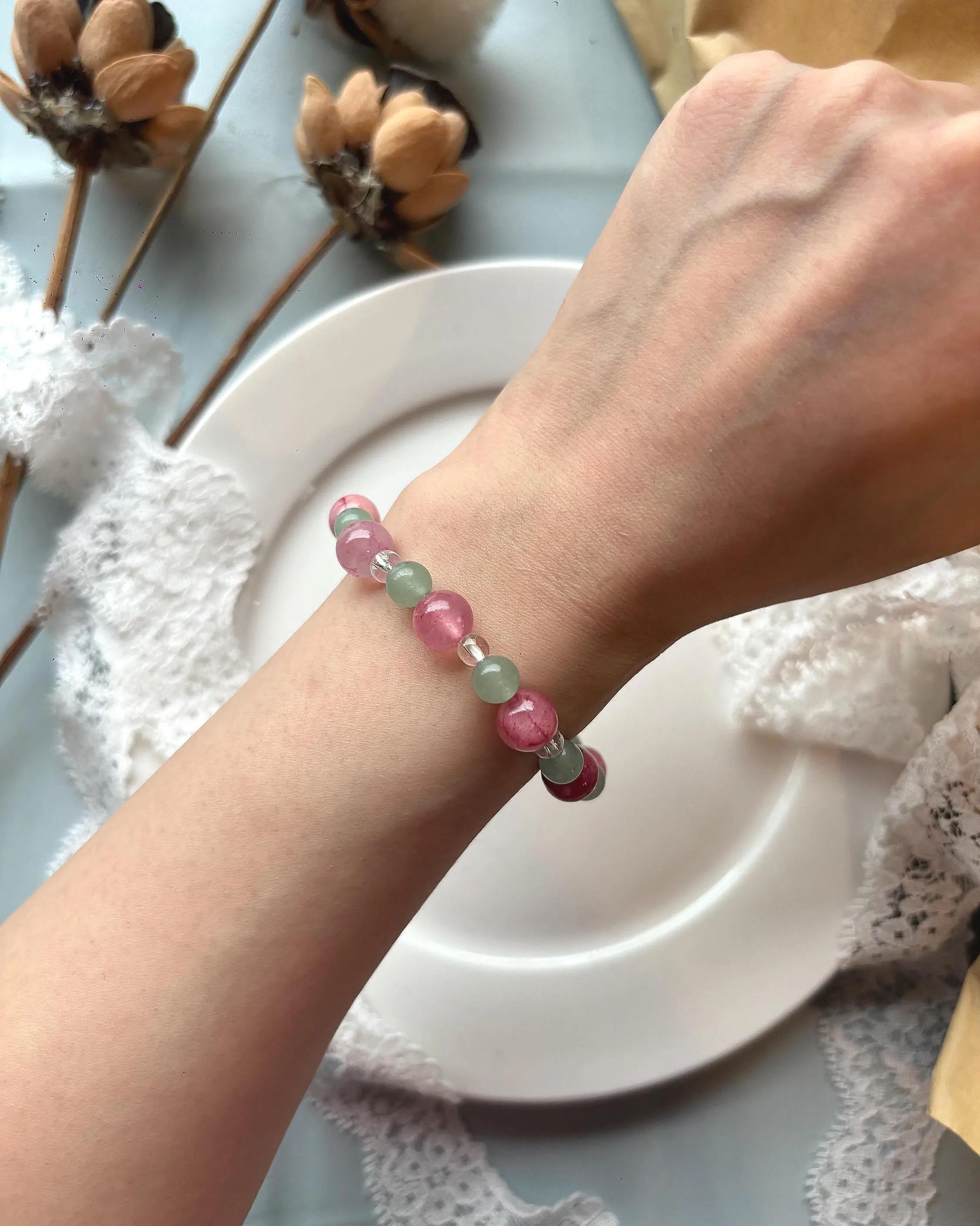Cherry Blossom Gemstone Bracelet, Pink & Green Jade Bracelet, Clear Quartz Bracelet, Handmade Crystal Bracelet, Gift for Her