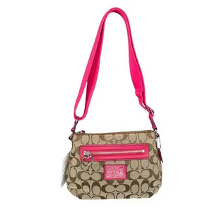 Pre-owned coach Canvas Crossbody Bags Poppy Signature Crossbody Pink Patent Leather Trim Heart Charm Zip Purse