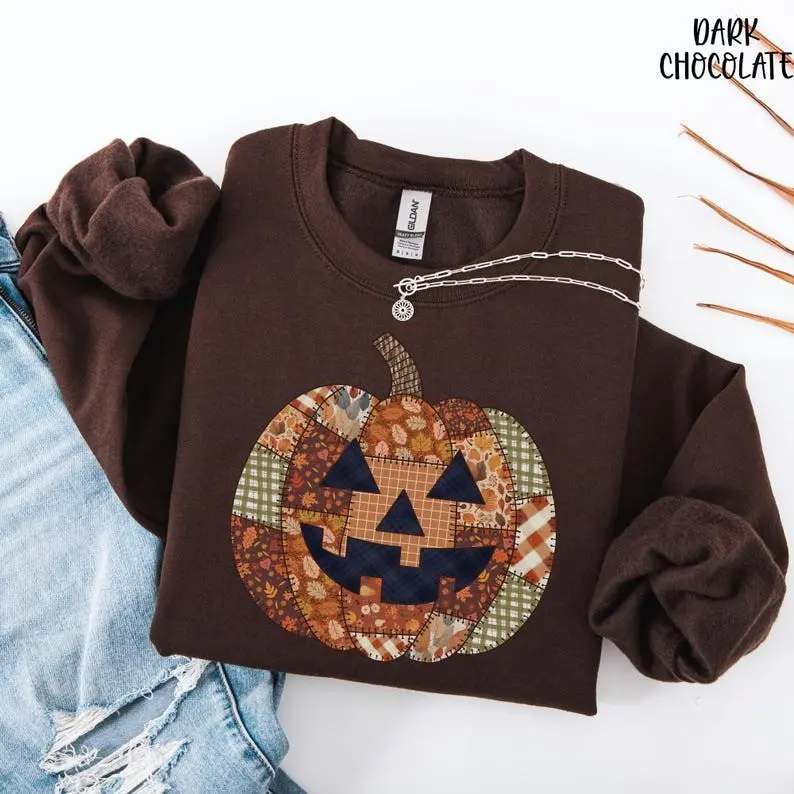 Faux Patchwork Pumpkin Graphic Sweatshirt, Cute Spooky Season Sweatshirt, Women's Fall Halloween Outfit, Retro Pumpkin Pullover