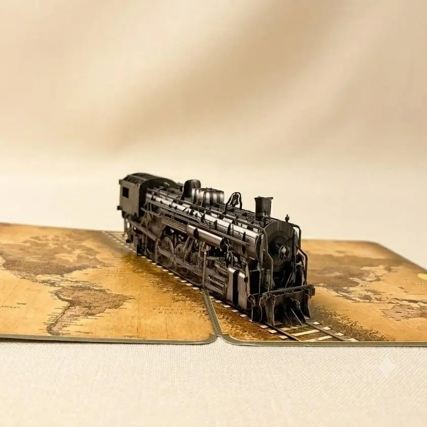 Retro Style 3D Pop-up Card, Elegant World Map & Train Illustration, Premium Handmade Gift for Any Occasion