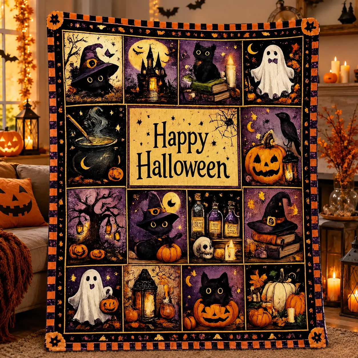 Vintage Patchwork Halloween Flannel Blanket - Soft Cozy Warm Fuzzy Plush Throw with Ghost, Black Cat, Pumpkin, Witch, Castle Designs - Perfect Gift & Decor for Bedroom, Sofa