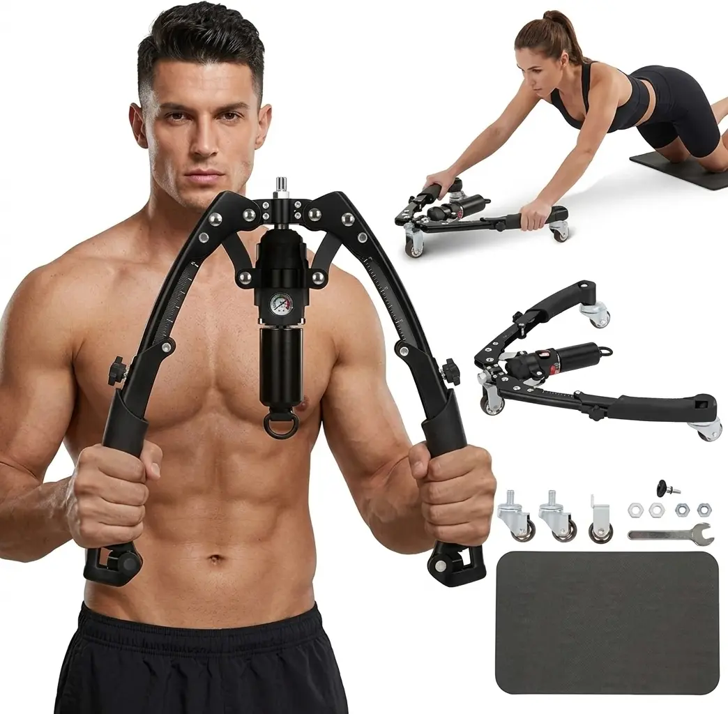 3 in 1 Hydraulic Arm Trainer with Wheels ,Power Chest Workout Equipment with Ab Roller Wheels and Hooks, Adjustable 22-440lbs Arm Trainer for Men Women, Home Gym Equipment for Full Body Strength Training