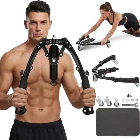 3 in 1 Hydraulic Arm Trainer with Wheels ,Power Chest Workout Equipment with Ab Roller Wheels and Hooks, Adjustable 22-440lbs Arm Trainer for Men Women, Home Gym Equipment for Full Body Strength Training