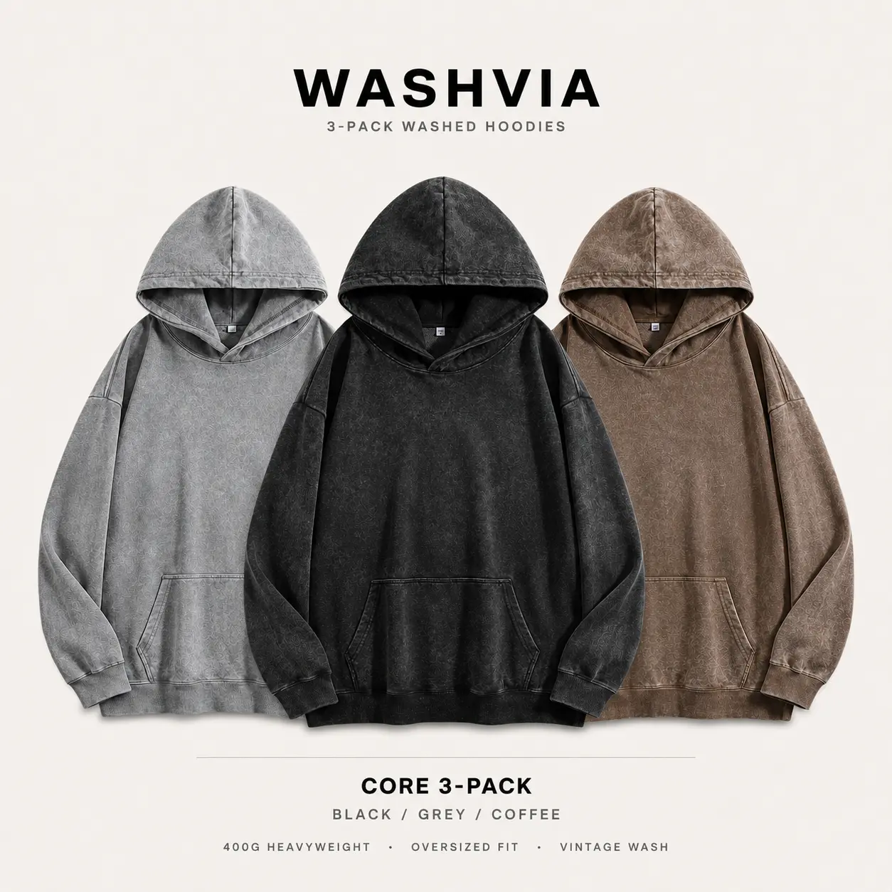 400G Heavyweight Washed Hoodie 3 Pack for Men Women, Vintage Oversized Pullover Hoodies, Drop Shoulder Streetwear Sweatshirt, Soft Cotton Blend Fleece Hoodie Set