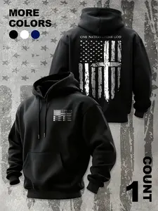 Men's "ONE NATION UNDER GOD" Graphic Hoodie, Distressed USA Flag & Cross Print Pullover Hooded Sweatshirt, Casual Loose Fit Street Wear Top