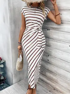 Elegant Waist Tie Striped Round Neck Short Sleeve Long Dress, Summer High-End Women's Fashion, Cross-Border Chic Clothing