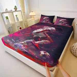 3Pcs Soccer Player Action Fitted Sheet Set, Stylish Illustration of Athlete Mid-Action with Vibrant Abstract Background, Perfect for Sports Fans' Bedroom Decor,Lncludes 1 Fitted Sheet, With 2 Coreless Pillowcases