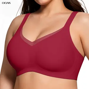 OEAK Women V Neck Crossover Mesh Wide-strap Seamless Jelly Bras Comfortable Bralette Soft Tshirt Bra No Underwire Push Up Everyday Bras