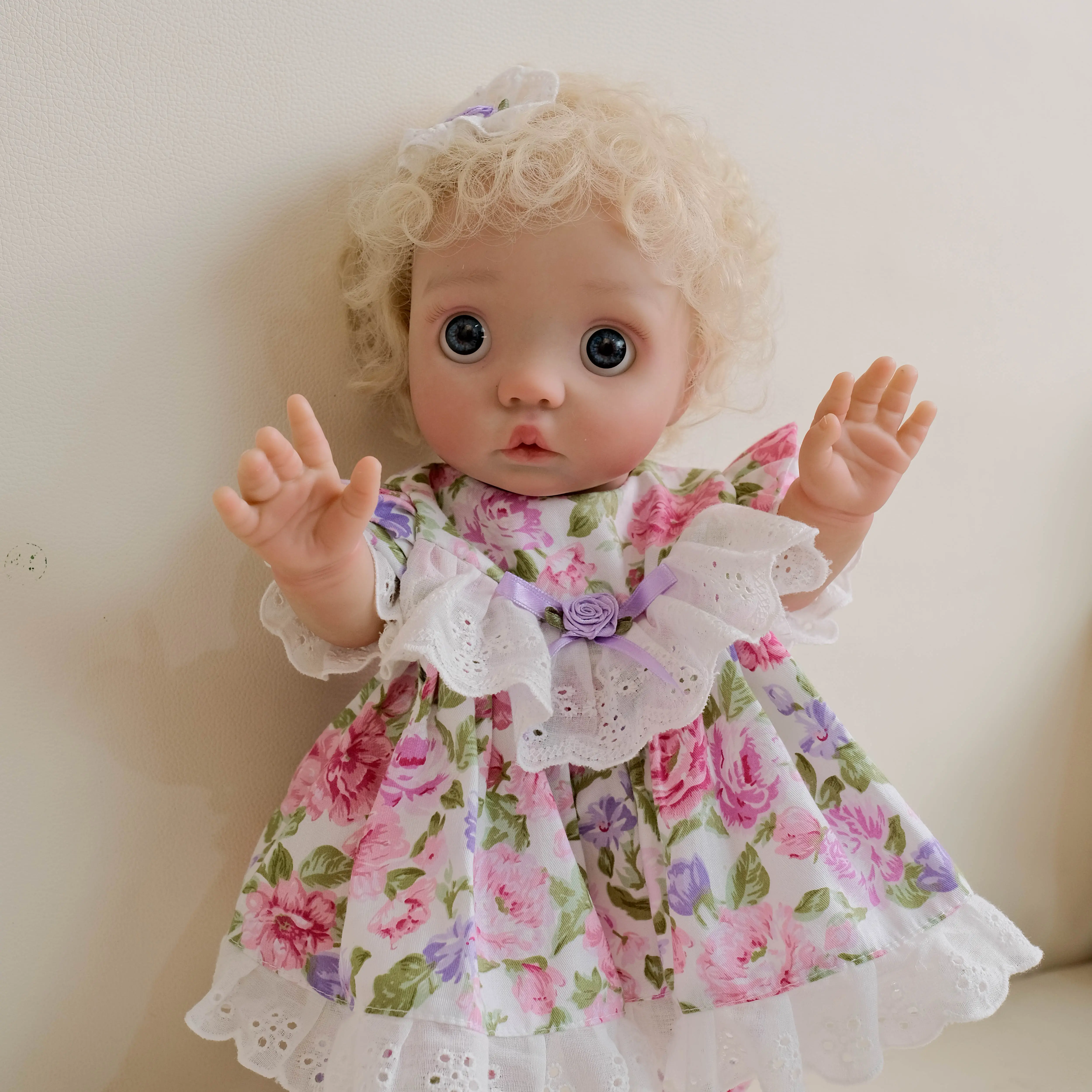 Peeka Adorable 16 Inch Reborn Baby Doll with Blond Hair & Blue Eyes Full Vinyl Body in Pink & Purple Floral Dress Lovely Gift for Kids & Doll Collectors Soft Stuffed Doll, Ditsy Floral Dress