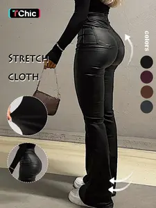 GILIPUR Y2K High Waist PU Flare Leg Pants Casual Comfy Plain Button Pocket Trousers Women's Ladies Bottoms For All Seasons Fall & Winter Clothes Stretchy PU Leather Flared Leg Pants Coated Flared Pants,Kardashian Style,Tchic