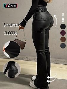 gilipur y2k high waist pu flare leg pants casual comfy plain button pocket trousers women's ladies bottoms for all seasons fall & winter clothes stretchy pu leather flared leg pants coated flared pants
