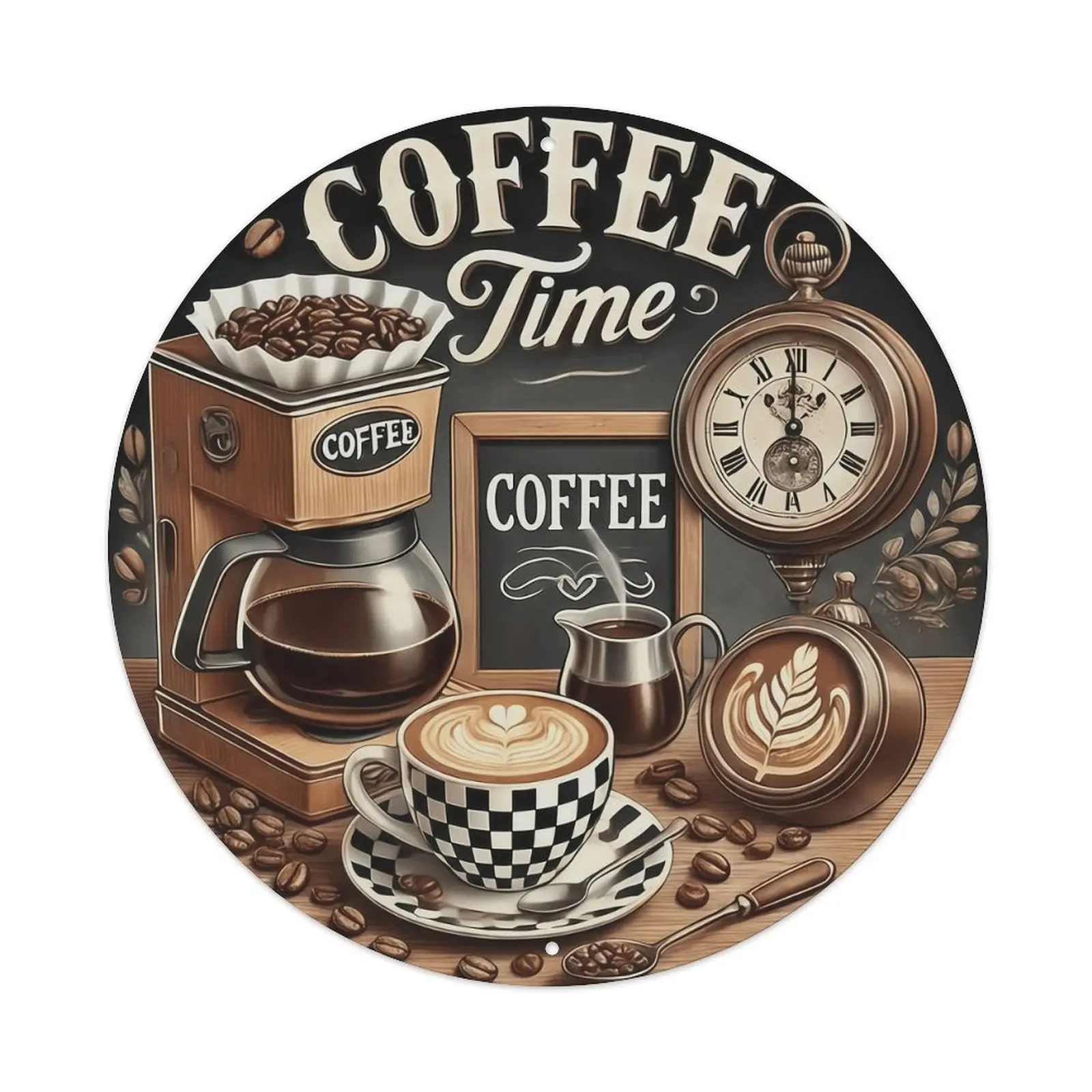 Coffee Time Vintage Round Metal Sign | 8 inch Retro Coffee Bar Aluminum Wall Decor for Kitchen, Cafe, Coffee Station