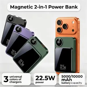 Magnetic wireless portable power bank, 10,000 mAh/5,000 mAh, 22.5 W PD fast charging, 20 W fast charging, with LED digital display, dual input/output ports, compatible with iPhone, all iOS devices, and Android devices.