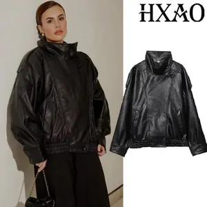 HXAOFauxLeatherJacketCoatLongSleeveBomberJacketsWomanShortCoatsBlackJacketHighNeckZipperMotorcycleJacket Womenswear Tops