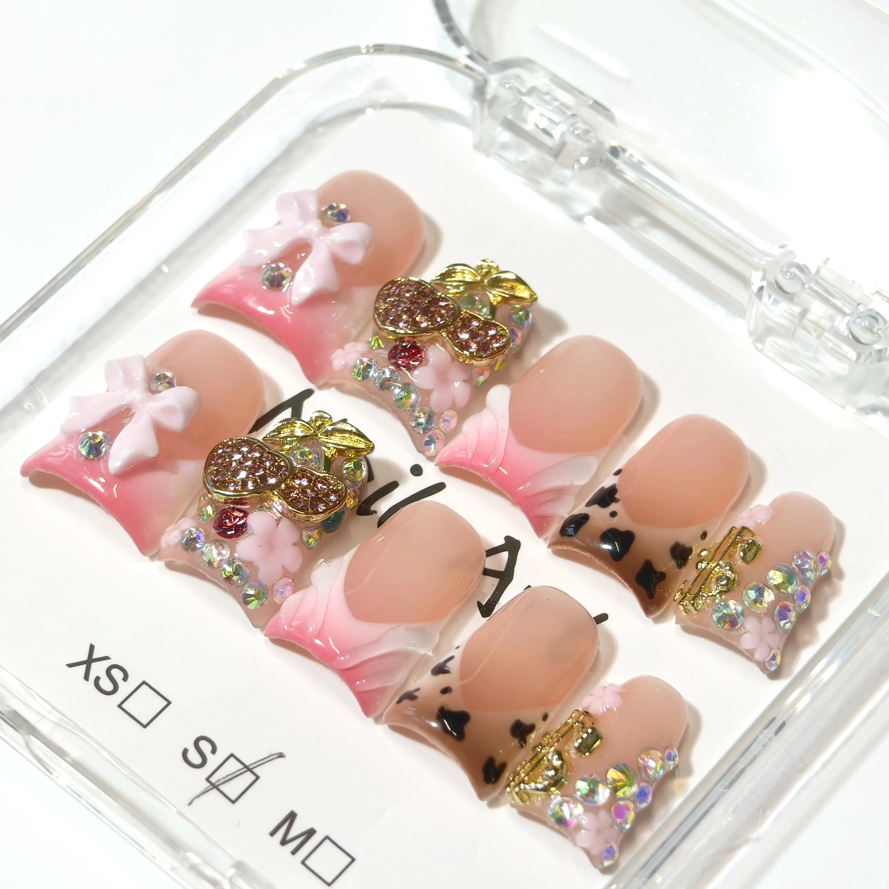 vosplends 10PCS Handmade  SparkleBow 3D flower,y2k  duckbill nails，acrylic press on nails，reusable nails，vampire jawns nails Pink Gradient Sparkling Nailspress on. nail