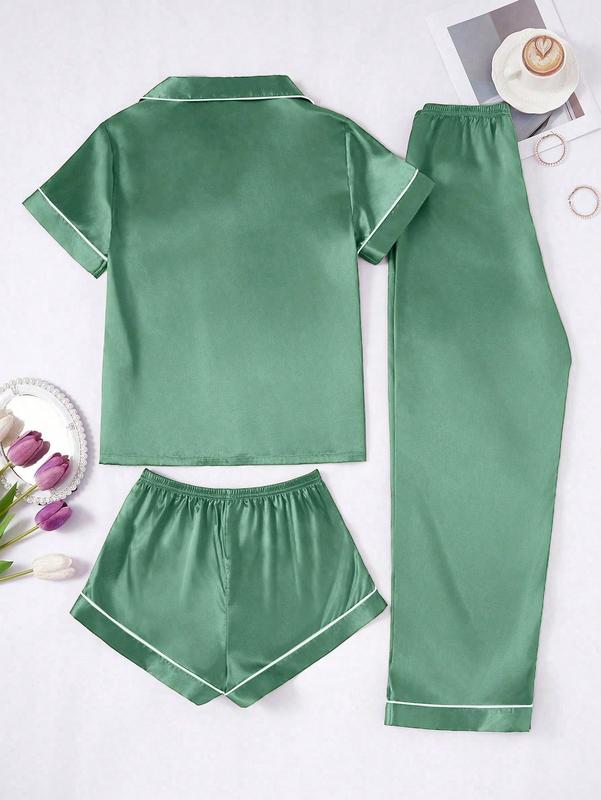 3 PiecesWomen s Contrast Color Trim Solid Color Faux Silk Pajama Set - Dark Green