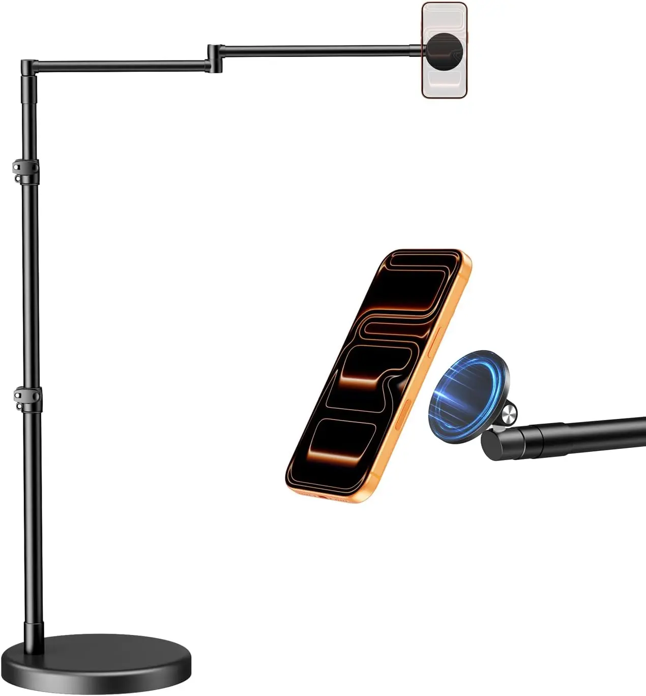 elitehood Magnetic Floor Phone Stand for Bed with Heavy Duty Base, 25” Long Aluminum Arm Bed Phone Holder Laying Down, Overhead iPhone Mount Stand for Video Recording Filming Fit Magsafe iPhone Series Metal