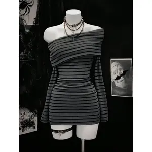 Women's knitted textured striped slim fit long sleeved dress, autumn and winter fashionable single shoulder slim fit dressRAIMENTRY