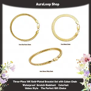 Three-Piece 14K Gold-Plated Bracelet Set Cuban Chain Vintage Style Stainless Steel Rust-Proof Technology Waterproof & Sweat-Resistant Perfect Christmas Gift for Men & Women Jewelry Accessories Available in 7.5“ /