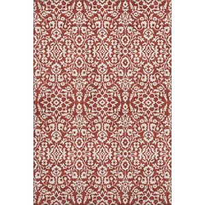 HomeRoots 673165 5 x 8 ft. Red & Ivory Damask Traditional Washable Machine Made Rectangle Area Rug with UV Protection