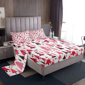 Pink Xmas Trees Sheet Set,Christmas Theme Bedding Set for Kids Girls Adults Room Decor,Happy New Year Bed Sheet Set,4pcs with Deep Pocket Fitted Sheet + Flat Sheet