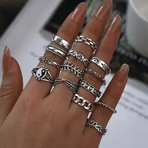 14-piece set Alloy ring yin and yang relief elephant geometric ring 14-piece set ladies daily wear gift