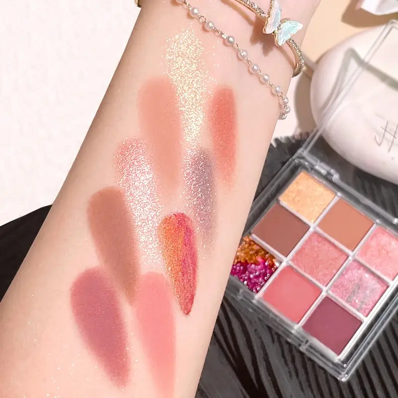 9-Color Summer Eye Shadow Palette - Orange Brown, Pink, Gold Shades, Matte & Shimmer Effects, Long Lasting, Easy to Wear, Glitter Rose Finish, Apply Easily, Makeup, Cosmetic, Eyeshadow