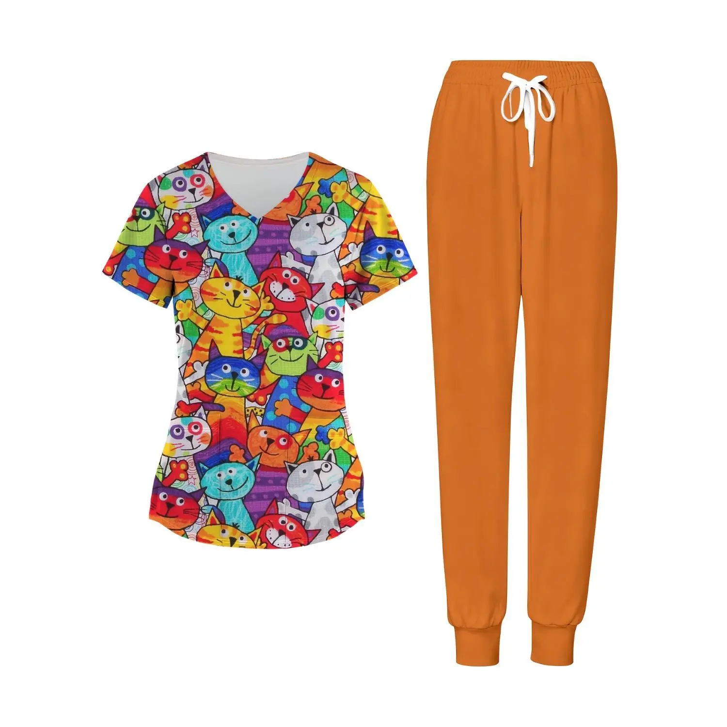 Colorful Cats Plus Size Scrubs Set for Women - 2PCS Comfortable Workwear for Nurses, Doctors, and Healthcare Professionals - Ideal Gift