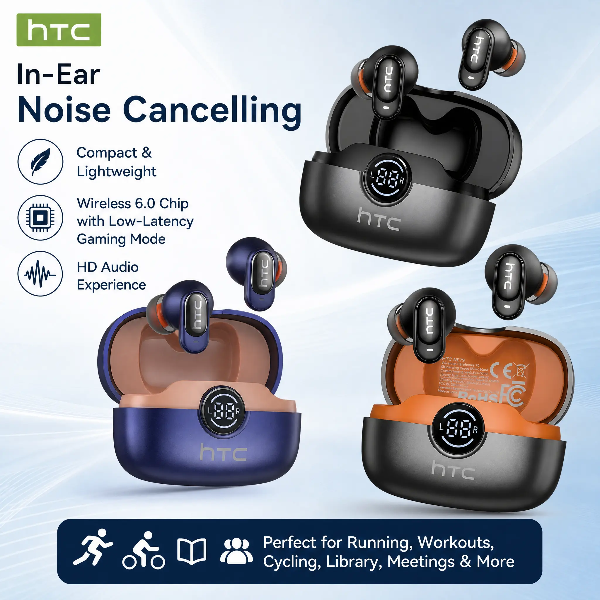 HTC NE79 Wireless Bluetooth Headphones Translation Earbuds IPX5 Waterproof Tiny Size Invisible Earbuds Mini Short Handle Design for Work Sport Sleeping